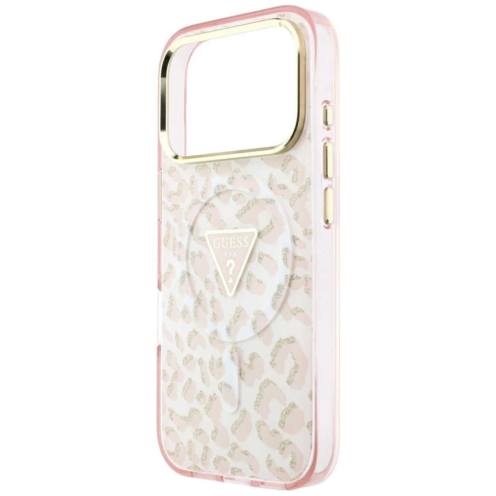 Custodia MagSafe per Apple iPhone 18 Pro Max / 17 Pro Max, Guess, Logo Triangolo Glitter Leopardo, Rosa