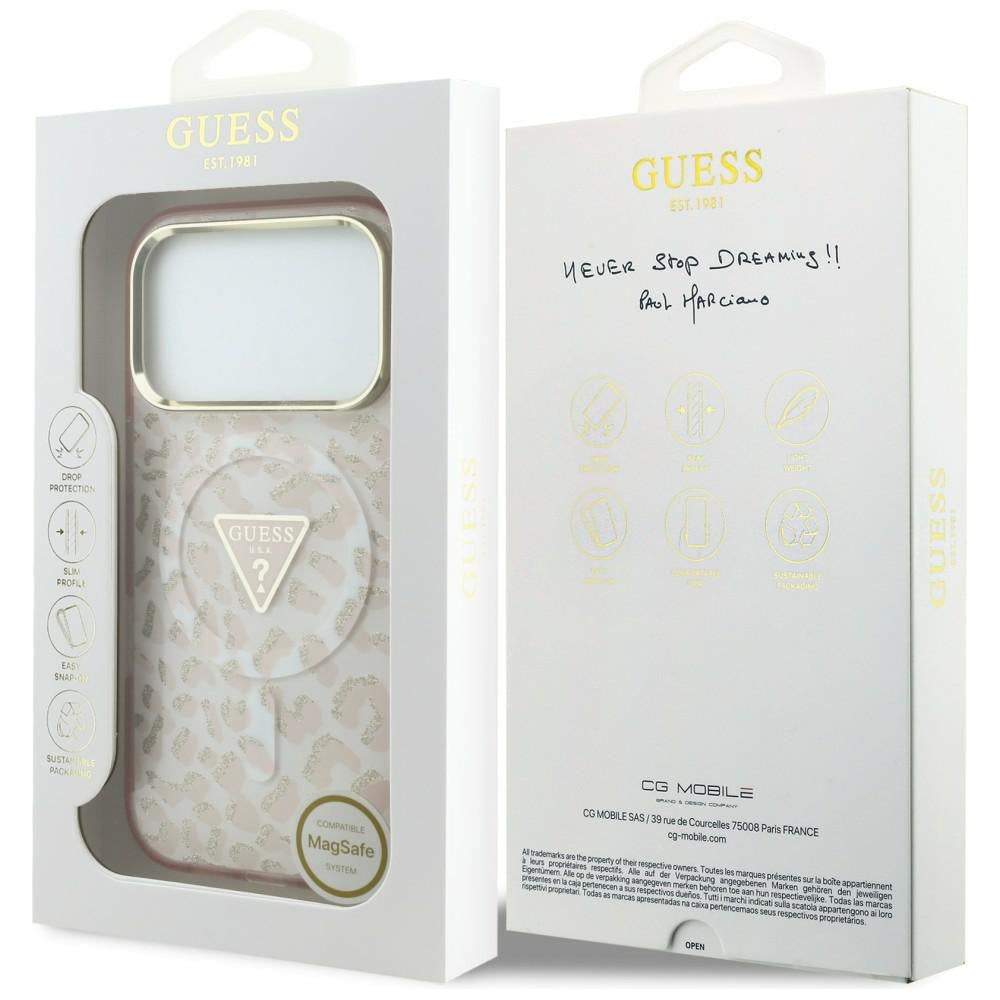 Custodia MagSafe per Apple iPhone 18 Pro Max / 17 Pro Max, Guess, Logo Triangolo Glitter Leopardo, Rosa