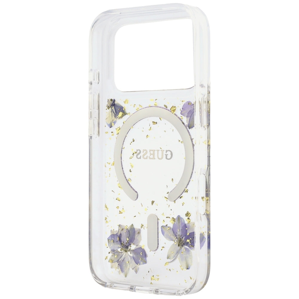 Custodia MagSafe per Apple iPhone 18 Pro Max / 17 Pro Max, Guess, Fiori in Resina e Glitter, Viola