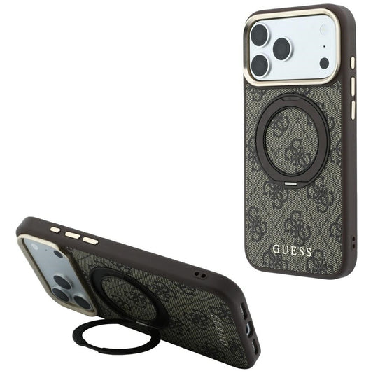Custodia MagSafe per Apple iPhone 18 Pro Max / 17 Pro Max, Guess, Ring Stand 360 4G Classic Logo, Marrone