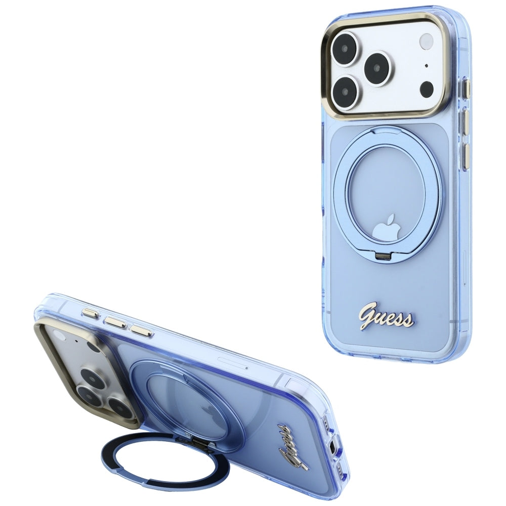 Custodia MagSafe per Apple iPhone 18 Pro Max / 17 Pro Max, Guess, Ring Stand Script Metal Logo, Blu