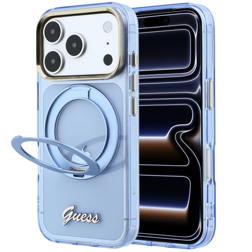 Custodia MagSafe per Apple iPhone 18 Pro Max / 17 Pro Max, Guess, Ring Stand Script Metal Logo, Blu