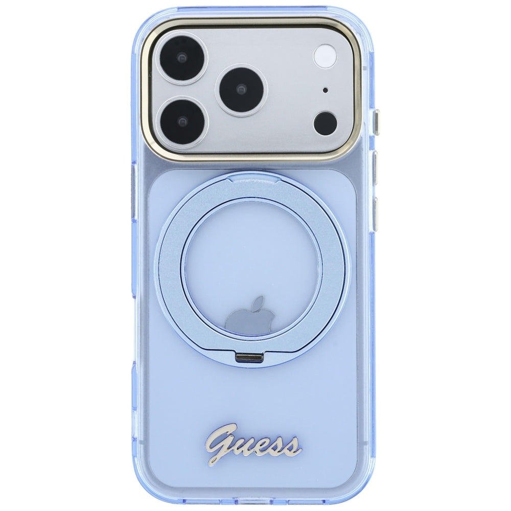 Custodia MagSafe per Apple iPhone 18 Pro Max / 17 Pro Max, Guess, Ring Stand Script Metal Logo, Blu