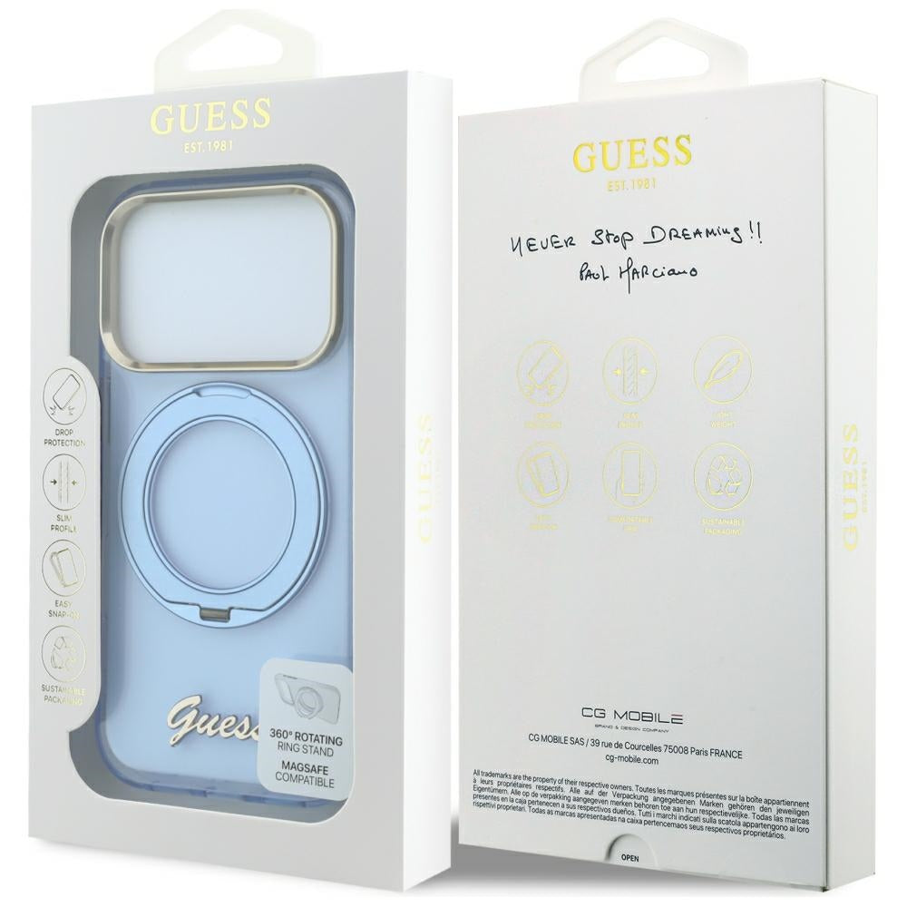Custodia MagSafe per Apple iPhone 18 Pro Max / 17 Pro Max, Guess, Ring Stand Script Metal Logo, Blu