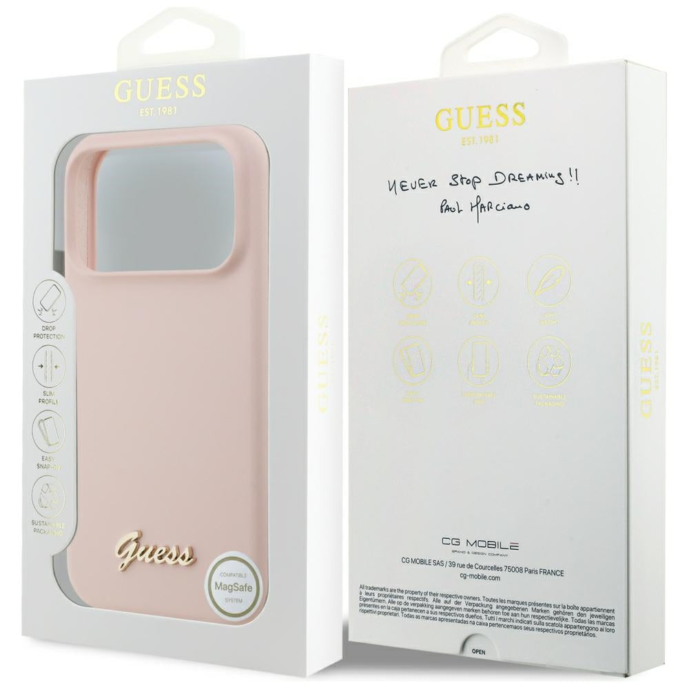 Custodia MagSafe per Apple iPhone 18 Pro Max / 17 Pro Max, Guess, Script Metal Logo, Rosa