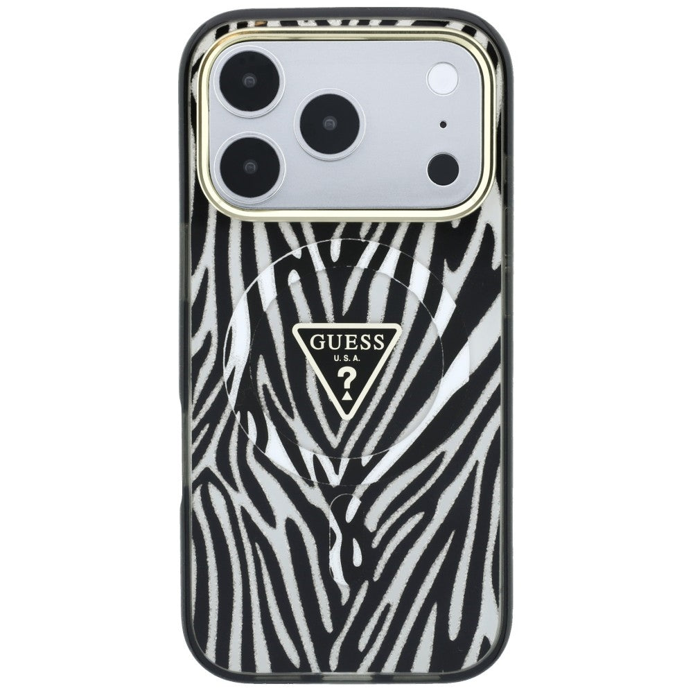 Custodia MagSafe per Apple iPhone 18 Pro Max / 17 Pro Max, Guess, Logo Triangolo Glitter Zebra, Argento