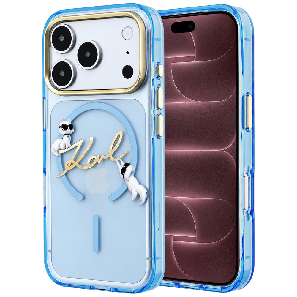 Custodia MagSafe per Apple iPhone 18 Pro Max / 17 Pro Max, Karl Lagerfeld, IML Choupette Karl Script Logo, blu