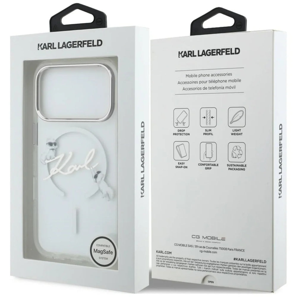Custodia MagSafe per Apple iPhone 18 Pro Max / 17 Pro Max, Karl Lagerfeld, IML Choupette Karl Script Logo, Trasparente