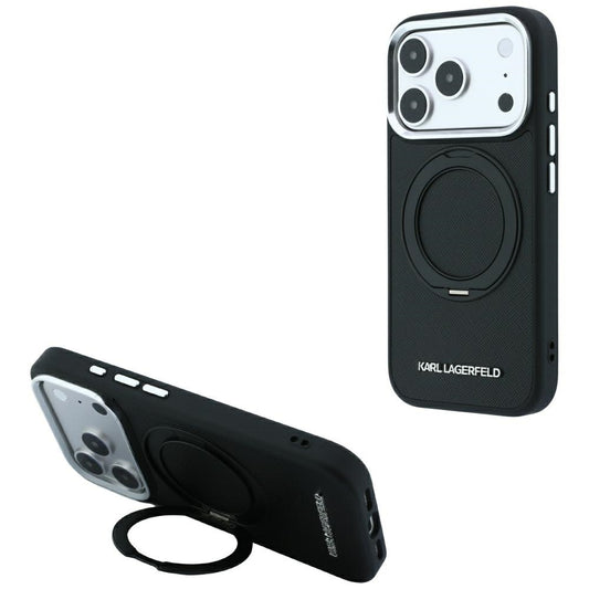 Custodia MagSafe per Apple iPhone 18 Pro Max / 17 Pro Max, Karl Lagerfeld, Ring Stand 360 Saffiano, Nera