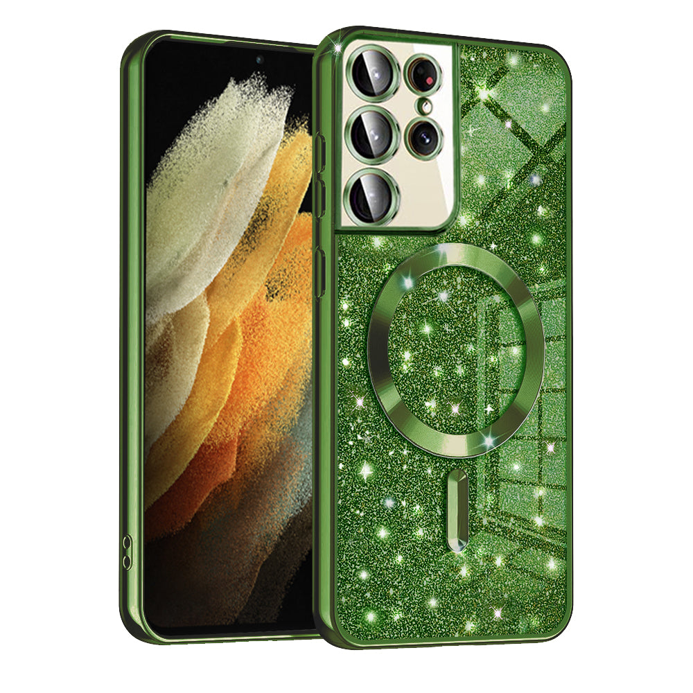 Custodia MagSafe per Samsung Galaxy S21 Ultra 5G G998, Techsuit, Luxury Glitter, Verde Scuro