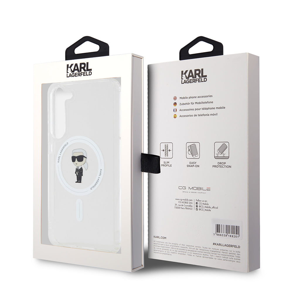 Custodia MagSafe per Samsung Galaxy S23+ S916, Karl Lagerfeld, IML Ikonik Karl, Trasparente