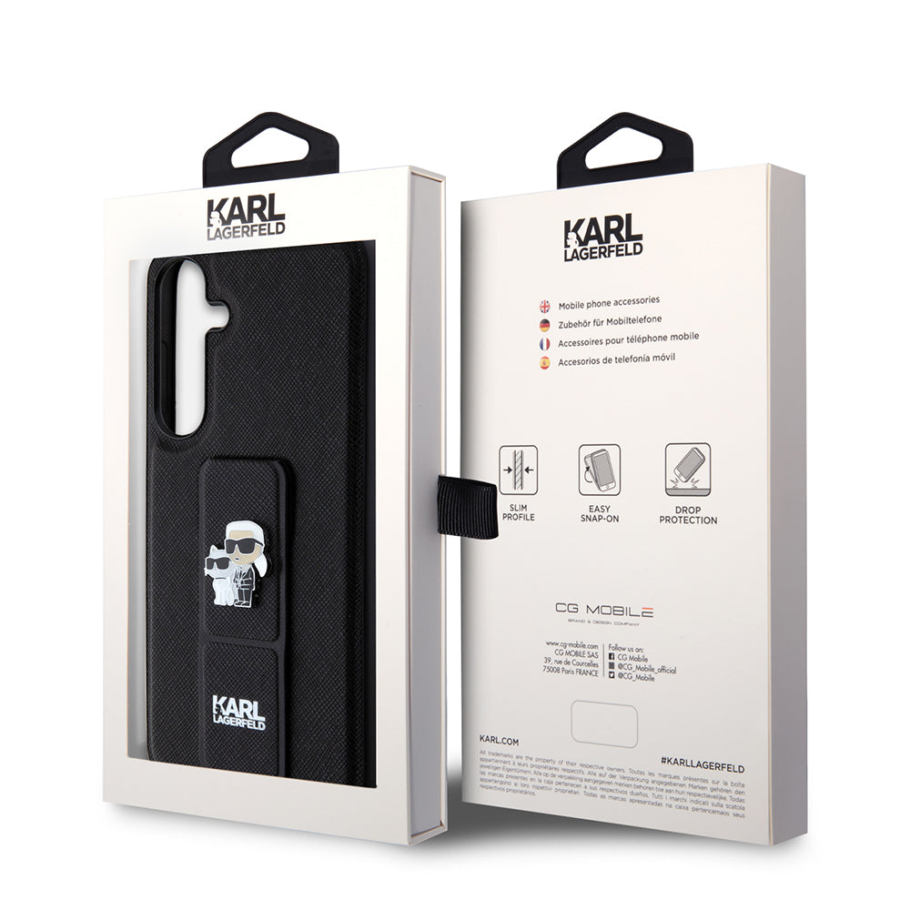 Custodia MagSafe per Samsung Galaxy S24+ S926, Karl Lagerfeld, Saffiano Gripstand Karl & Choupette, Nera