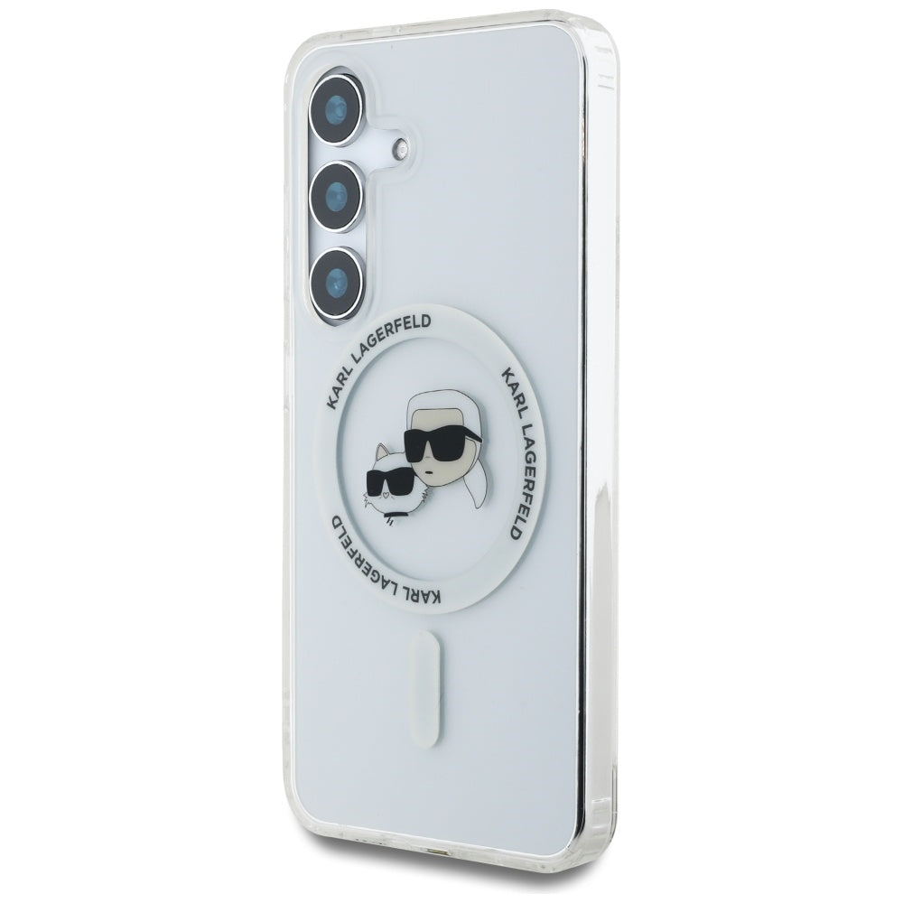Custodia MagSafe per Samsung Galaxy S25+ S936, Karl Lagerfeld, IML Metal Karl & Choupette's Heads, Argento