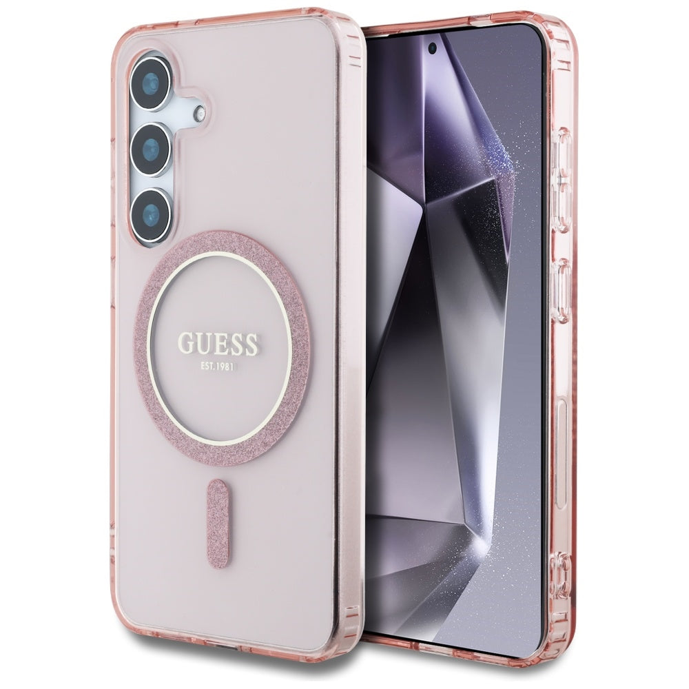 Custodia MagSafe per Samsung Galaxy S25 S931, Guess, IML Glitter Circle, Rosa