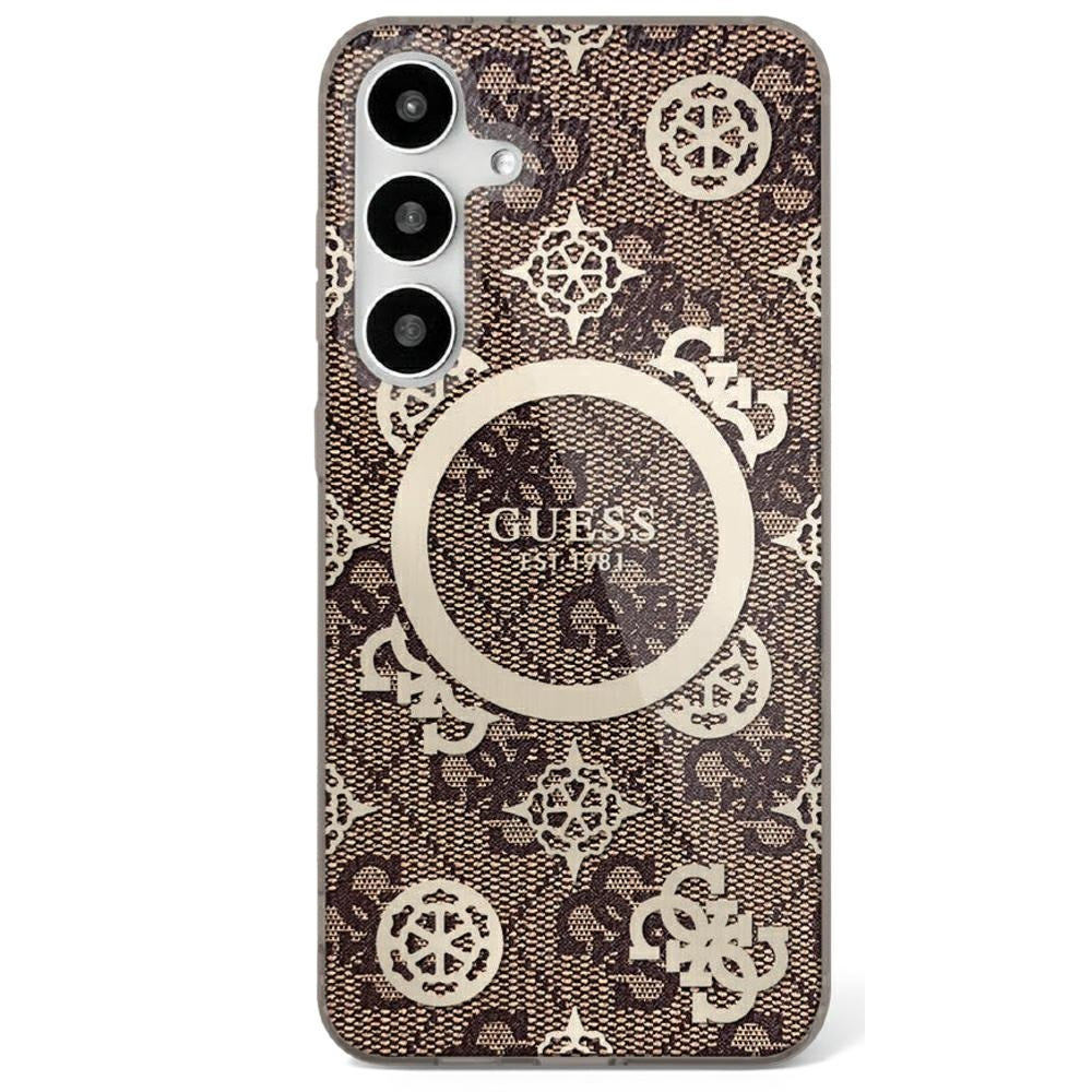 Custodia MagSafe per Samsung Galaxy S25 S931, Guess, IML Peony su sfondo 4G, Marrone