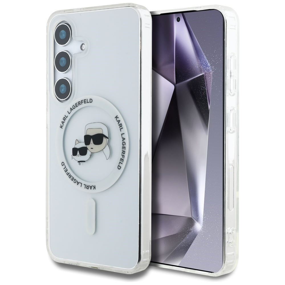 Custodia MagSafe per Samsung Galaxy S25 S931, Karl Lagerfeld, IML Metal Karl & Choupette's Heads, Bianca