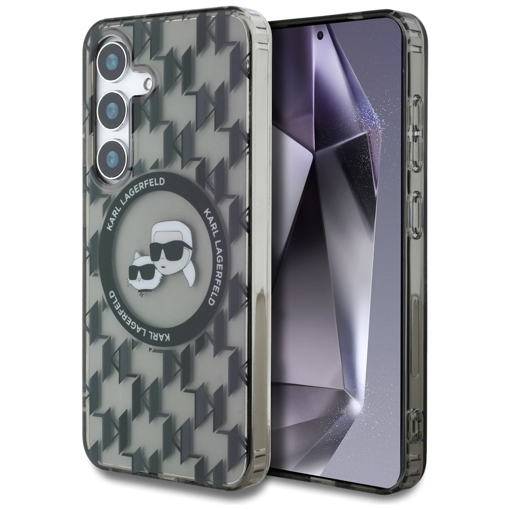 Custodia MagSafe per Samsung Galaxy S25 S931, Karl Lagerfeld, IML Monogram Karl & Choupette's Heads, Nera