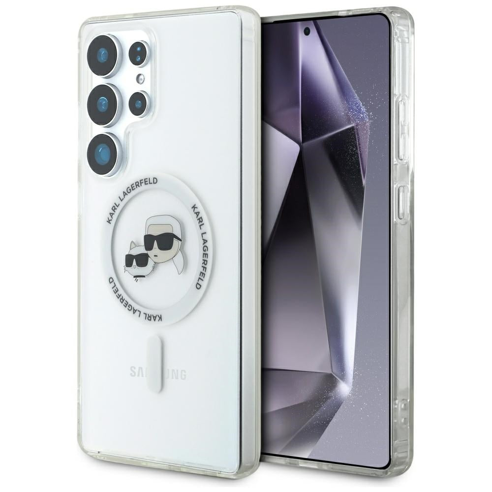 Custodia MagSafe per Samsung Galaxy S25 Ultra S938, Karl Lagerfeld, IML Metal Karl & Choupette's Heads, Bianca.