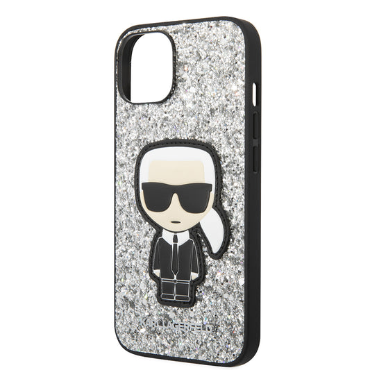 Custodia per Apple iPhone 14, Karl Lagerfeld, Glitter Flakes Ikonik Karl, Argento