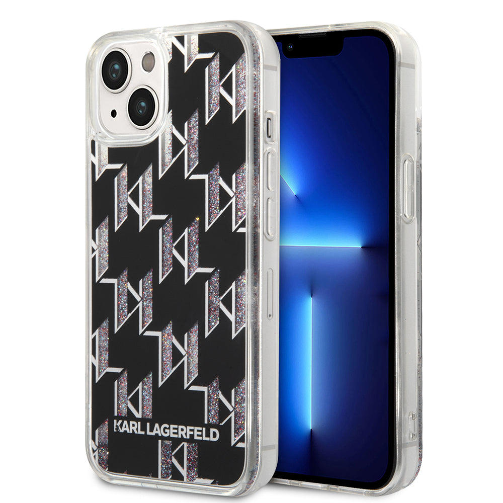 Custodia per Apple iPhone 14, Karl Lagerfeld, Liquid Glitter Monogram, Nera