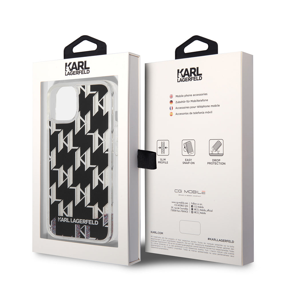 Custodia per Apple iPhone 14, Karl Lagerfeld, Liquid Glitter Monogram, Nera