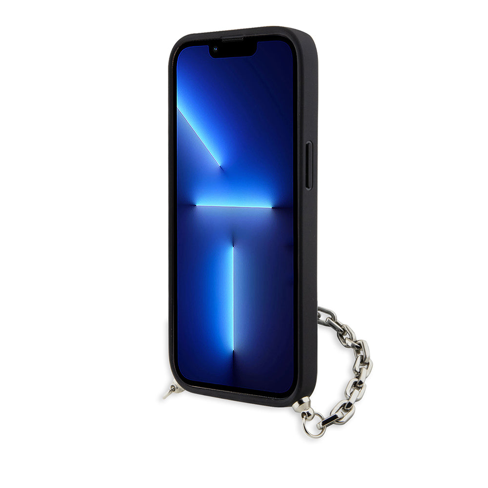 Custodia per Apple iPhone 14, Karl Lagerfeld, Saffiano Monogram Chain, Argento