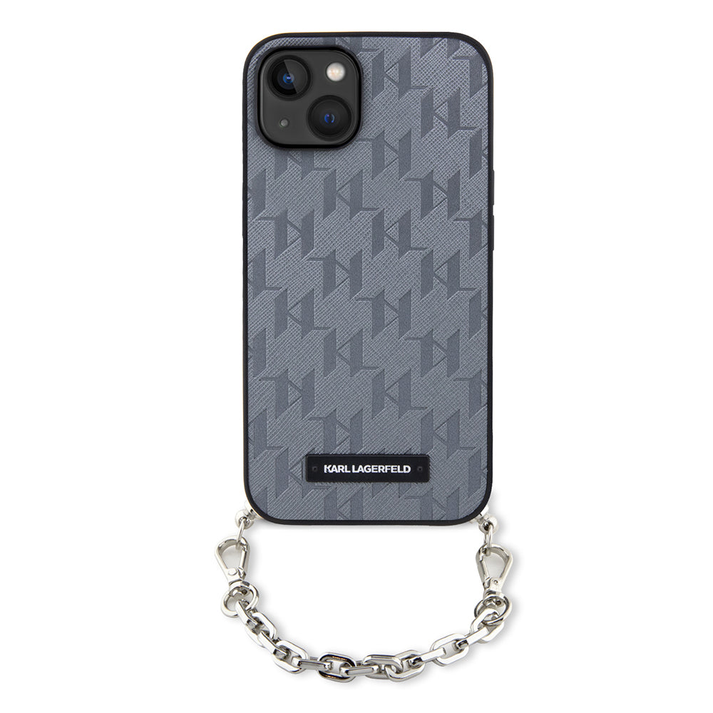 Custodia per Apple iPhone 14, Karl Lagerfeld, Saffiano Monogram Chain, Argento