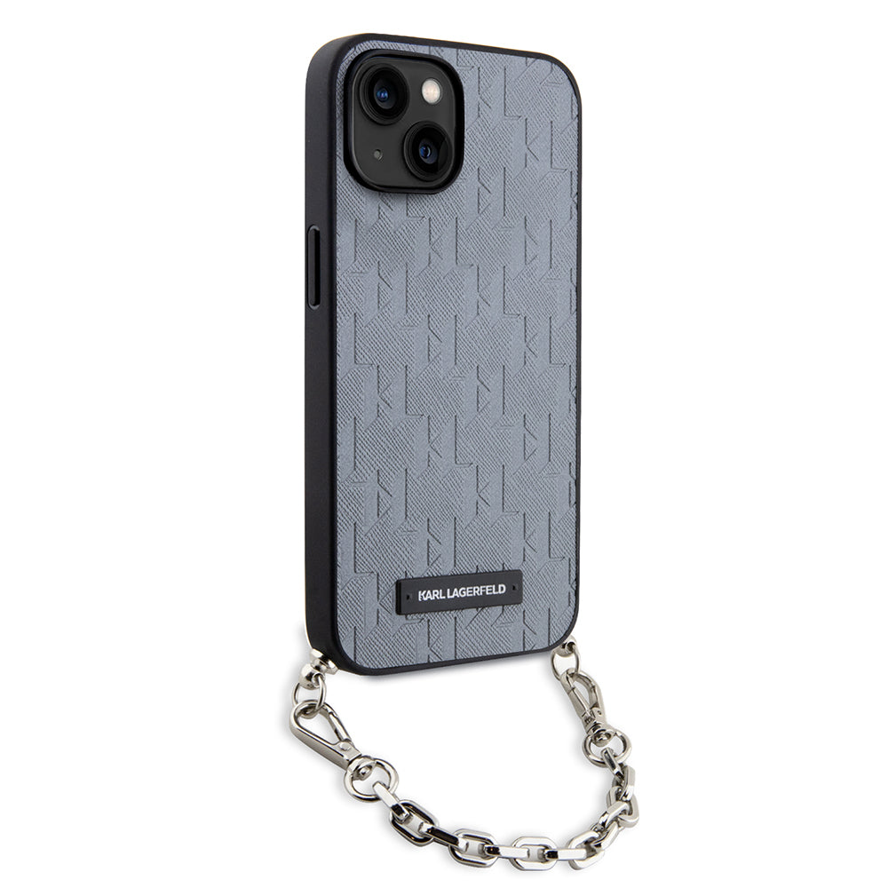 Custodia per Apple iPhone 14, Karl Lagerfeld, Saffiano Monogram Chain, Argento