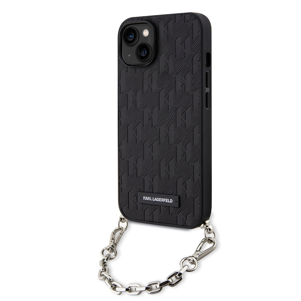 Custodia per Apple iPhone 14, Karl Lagerfeld, Saffiano Monogram Chain, Nera