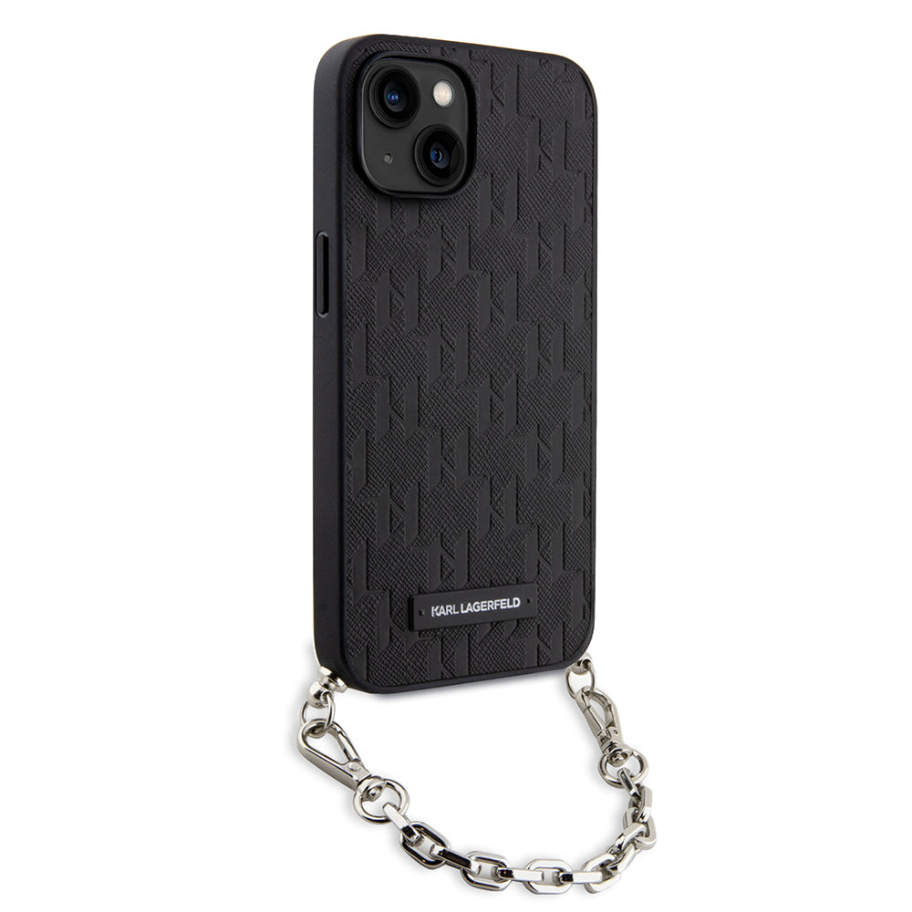 Custodia per Apple iPhone 14, Karl Lagerfeld, Saffiano Monogram Chain, Nera