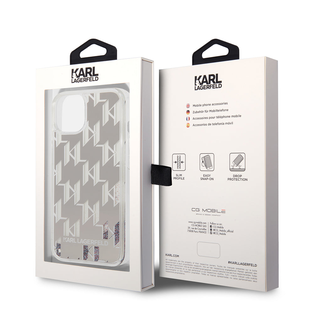 Custodia per Apple iPhone 14 Plus, Karl Lagerfeld, Liquid Glitter Monogram, Argento
