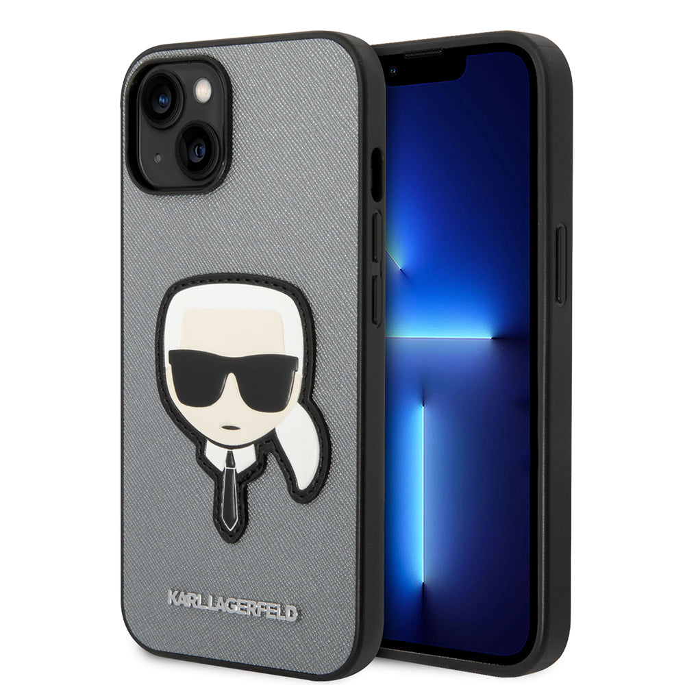 Custodia per Apple iPhone 14 Plus, Karl Lagerfeld, Saffiano Karl's Head, Argento