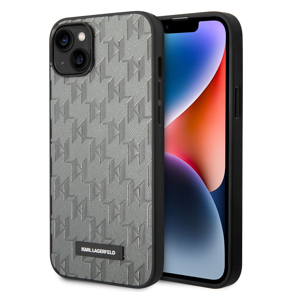 Custodia per Apple iPhone 14 Plus, Karl Lagerfeld, Saffiano Monogram Metal Logo, Grigio