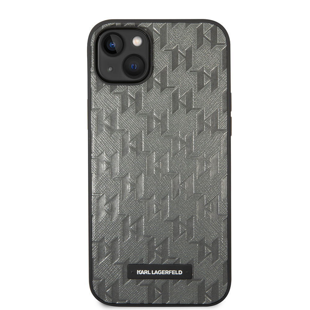 Custodia per Apple iPhone 14 Plus, Karl Lagerfeld, Saffiano Monogram Metal Logo, Grigio