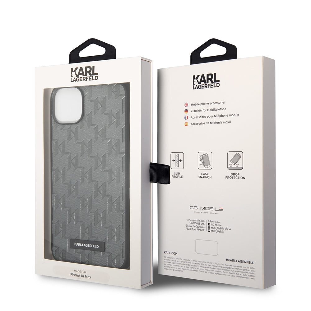 Custodia per Apple iPhone 14 Plus, Karl Lagerfeld, Saffiano Monogram Metal Logo, Grigio