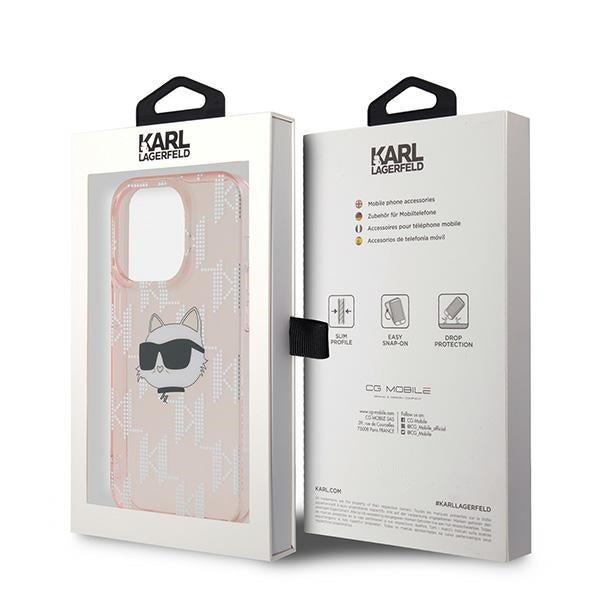 Custodia per Apple iPhone 14 Pro, Karl Lagerfeld, IML Luxury Monogram Choupette's Head, Rosa