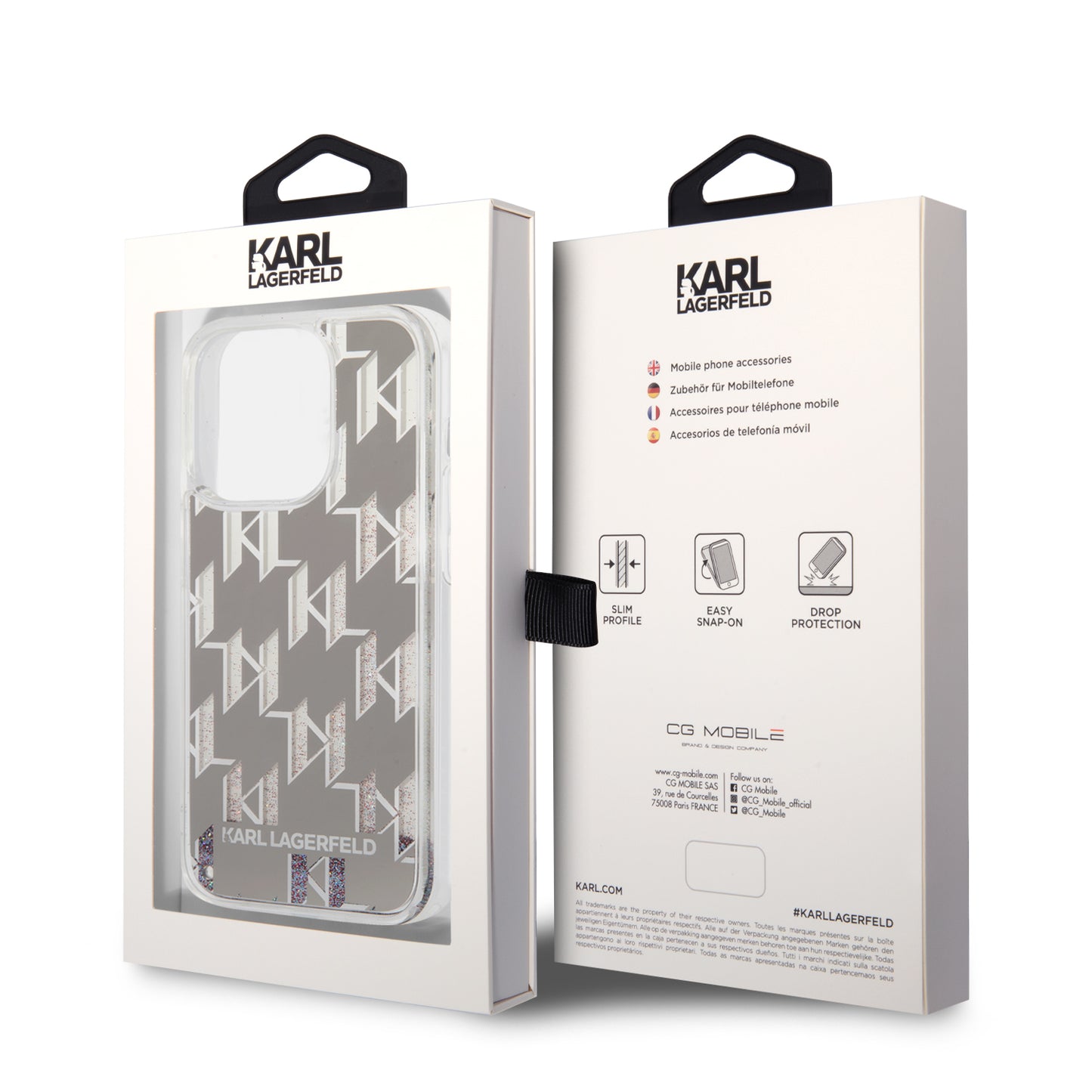 Custodia per Apple iPhone 14 Pro, Karl Lagerfeld, Liquid Glitter Monogram, Argento