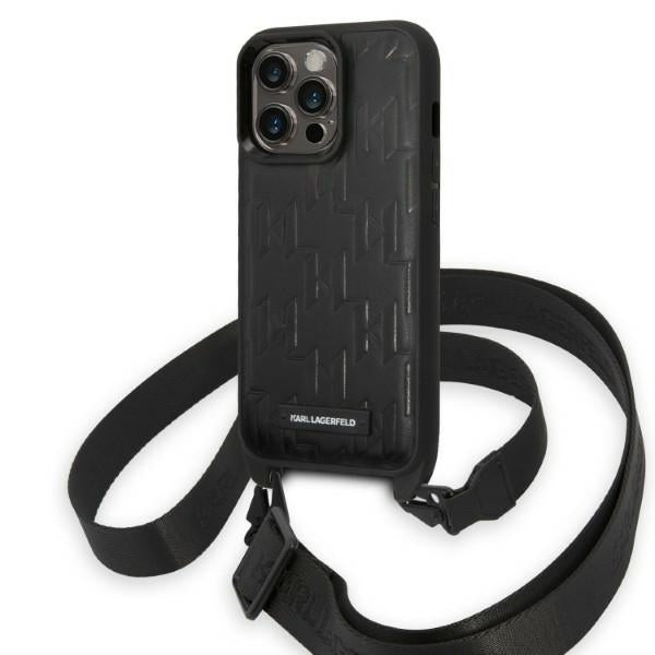 Case for Apple iPhone 14 Pro, Karl Lagerfeld, Monogram Plaque Logo with Strap, Black