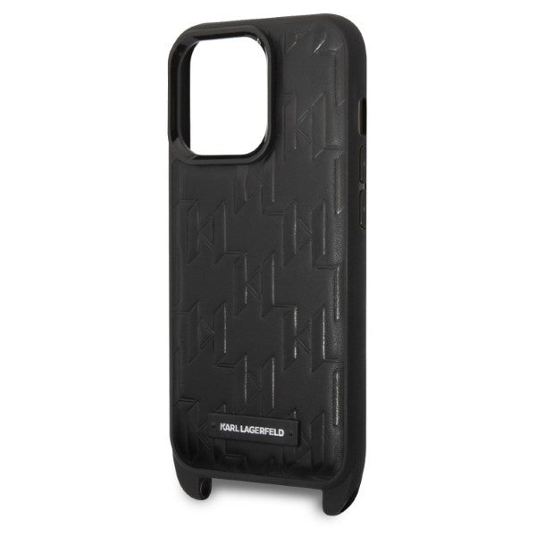 Case for Apple iPhone 14 Pro, Karl Lagerfeld, Monogram Plaque Logo with Strap, Black