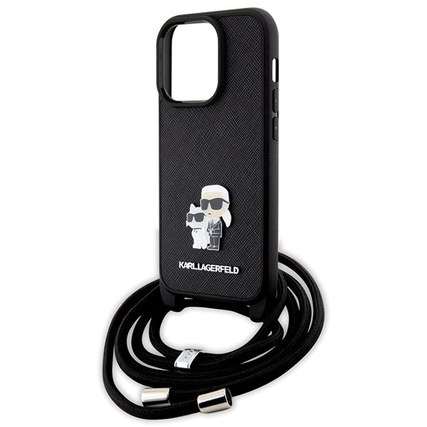 Custodia per Apple iPhone 14 Pro, Karl Lagerfeld, Saffiano Crossbody Metal Pin Karl & Choupette, Nera