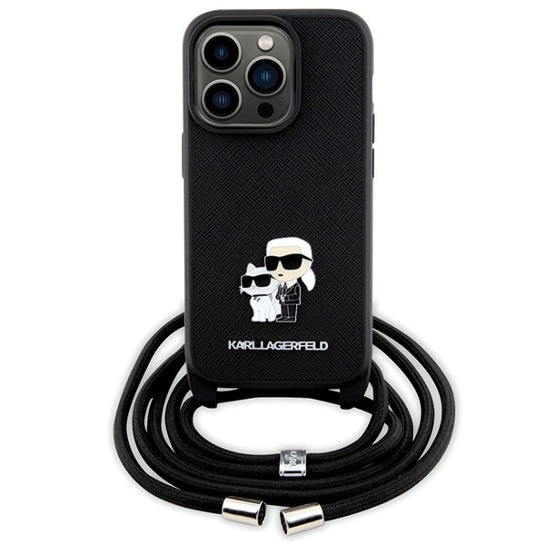 Custodia per Apple iPhone 14 Pro, Karl Lagerfeld, Saffiano Crossbody Metal Pin Karl & Choupette, Nera