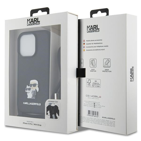 Custodia per Apple iPhone 14 Pro, Karl Lagerfeld, Saffiano Crossbody Metal Pin Karl & Choupette, Nera