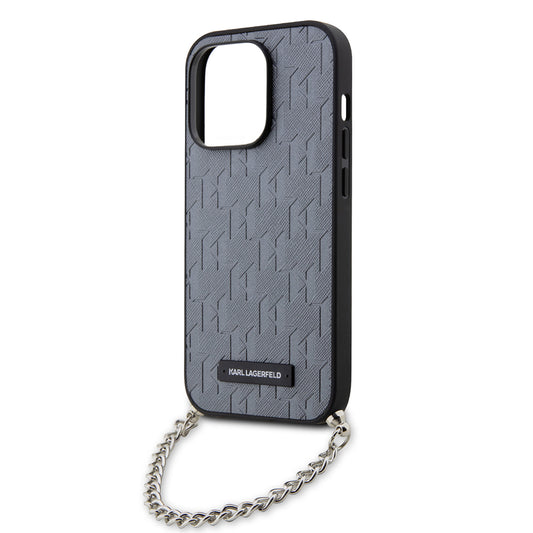Custodia per Apple iPhone 14 Pro, Karl Lagerfeld, Saffiano Monogram Chain, Argento