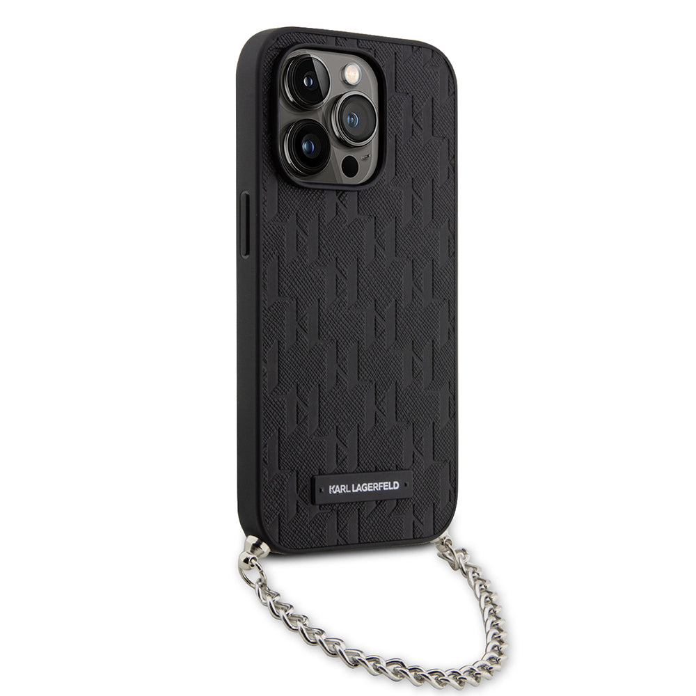 Custodia per Apple iPhone 14 Pro, Karl Lagerfeld, Saffiano Monogram Chain, Nera
