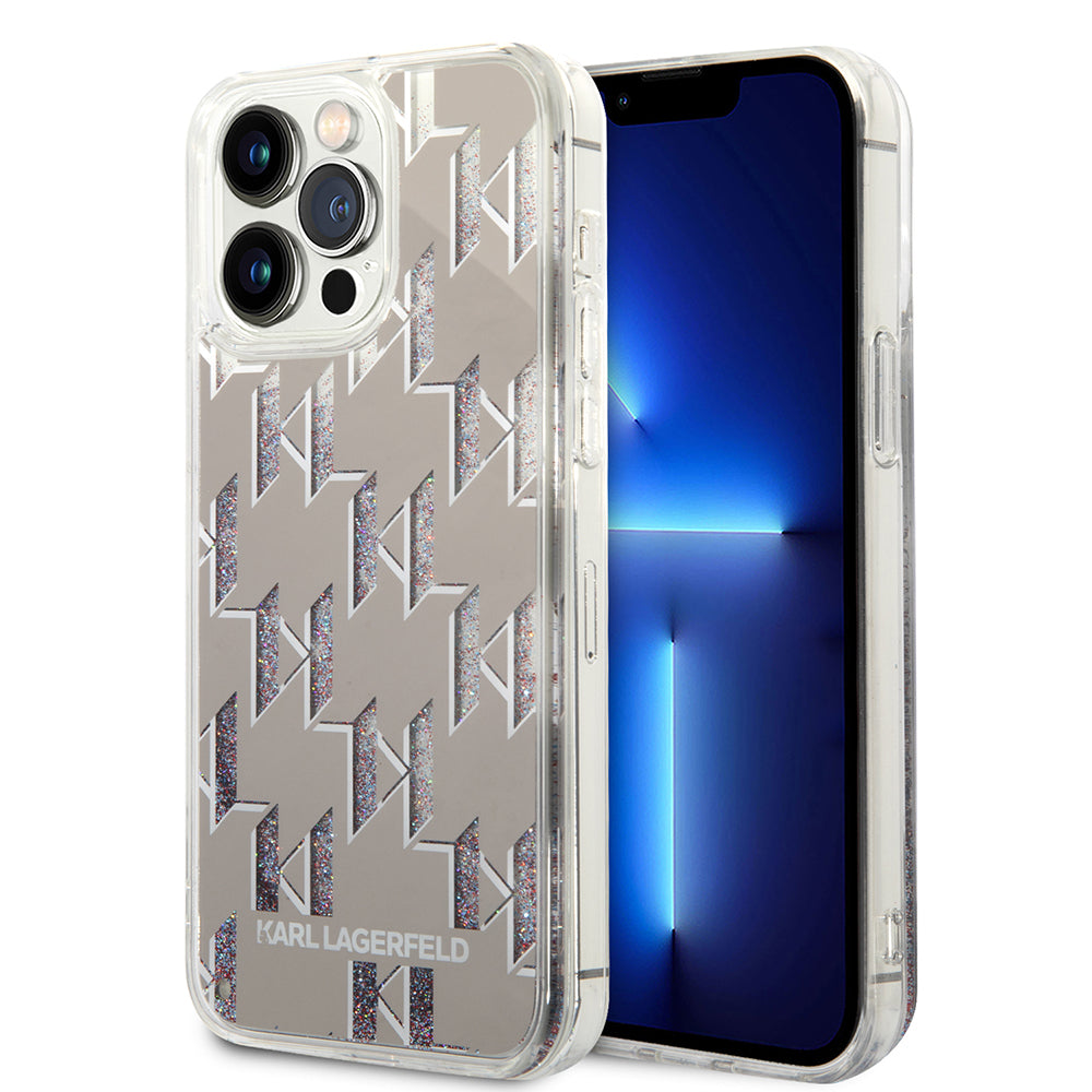 Custodia per Apple iPhone 14 Pro Max, Karl Lagerfeld, Liquid Glitter Monogram, Argento