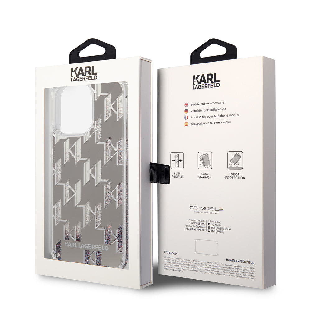 Custodia per Apple iPhone 14 Pro Max, Karl Lagerfeld, Liquid Glitter Monogram, Argento
