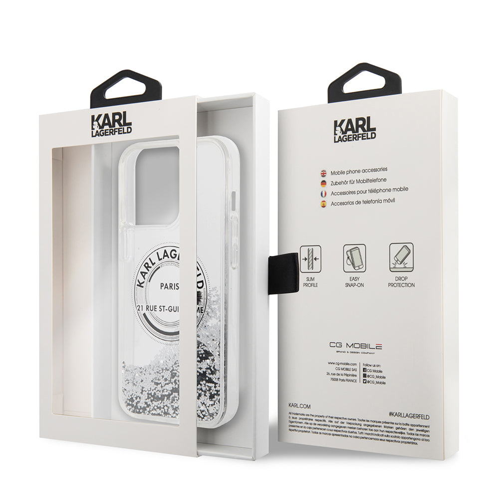 Custodia per Apple iPhone 14 Pro Max, Karl Lagerfeld, Liquid Glitter RSG, Argento