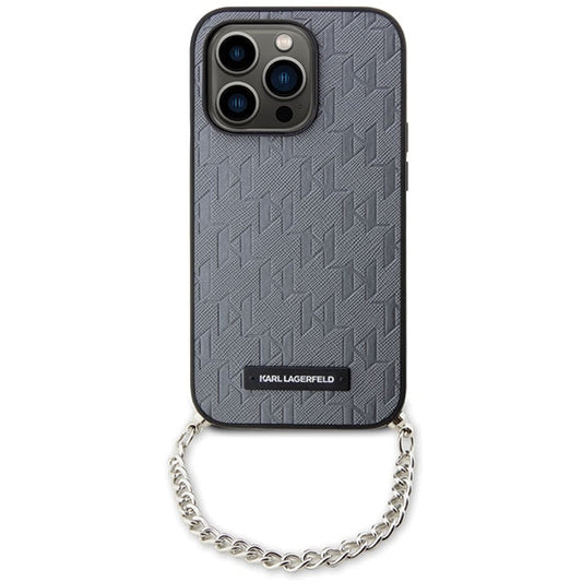 Custodia per Apple iPhone 14 Pro Max, Karl Lagerfeld, Saffiano Monogram Chain, Argento