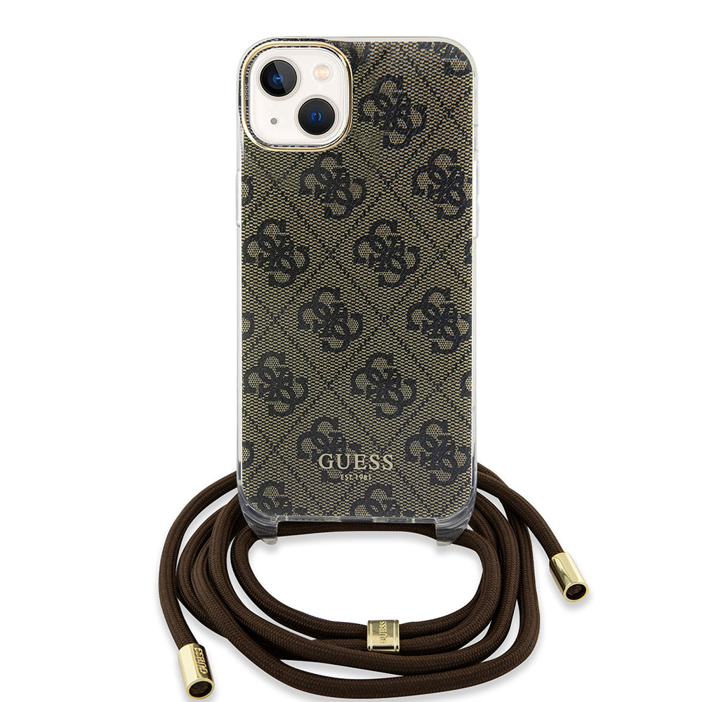 Custodia per Apple iPhone 15, Guess, 4G IML Printed Crossbody, Marrone