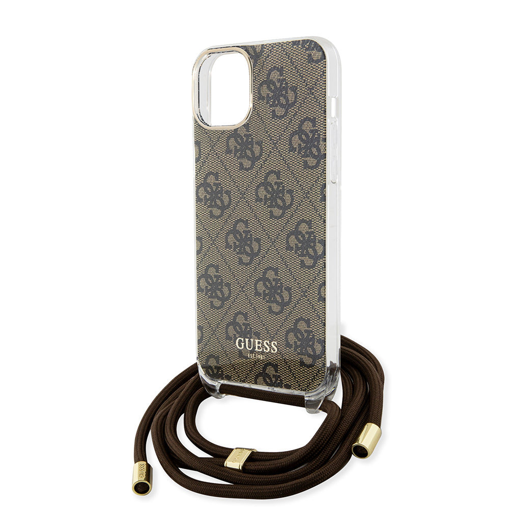 Custodia per Apple iPhone 15, Guess, 4G IML Printed Crossbody, Marrone